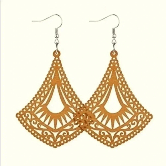 Laser Cut Lacey Open Bell Wood Wooden Drop Earrings - Picture 1 of 3